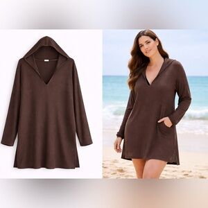 J Valdi Chocolate Brown Hooded Cover Up Size L Beachy Coastal Resort Swim Cover